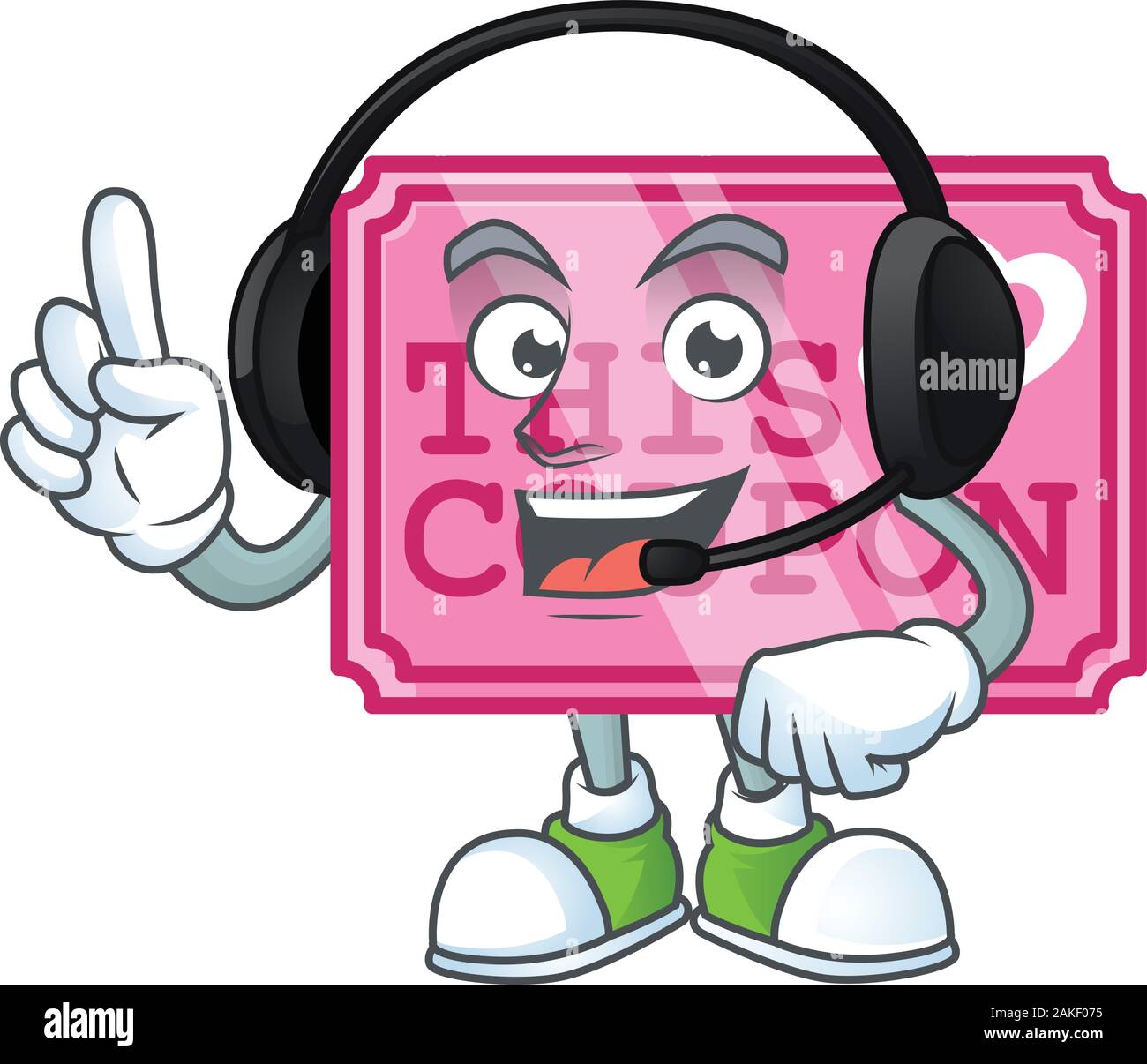 Smiley pink love coupon cartoon character design wearing headphone