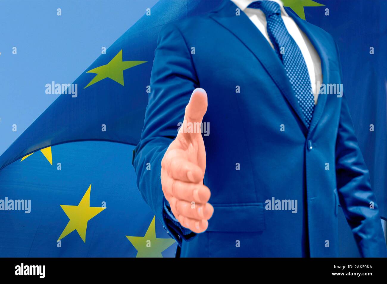 European Politician or Business man open hand ready to seal a deal, shaking hands, EU flag brexit deal concept. European union trade deal. Stock Photo