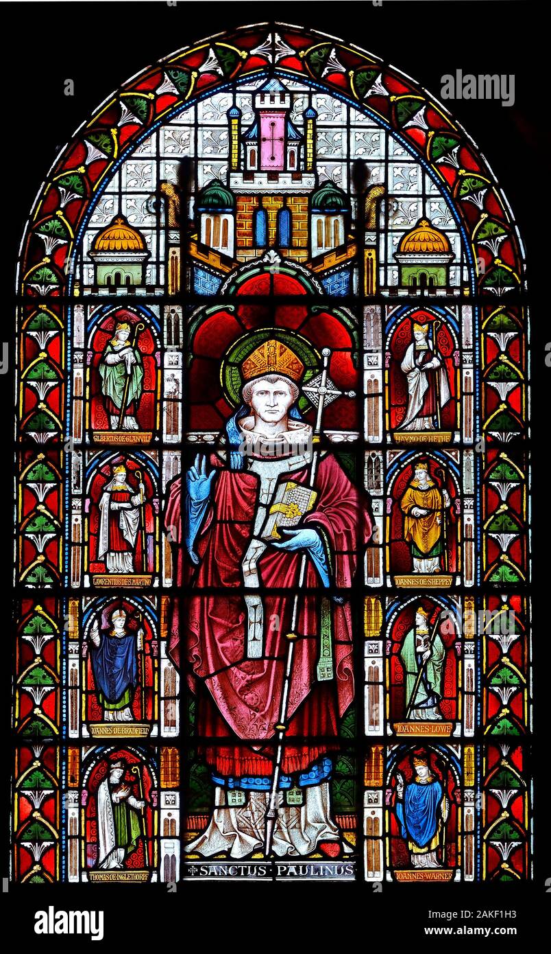 Rochester, Kent, UK. Rochester Cathedral (1080AD: Britain's second oldest - founded AD 604) Stained glass window: St Paulinus of York (Bishop of Roche Stock Photo