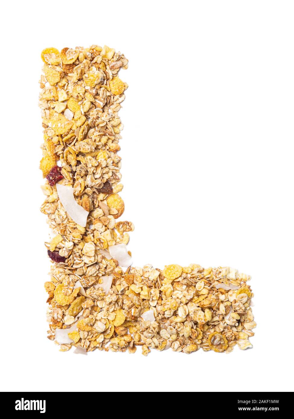 Letter L of the English alphabet muesli with coconut, berries, raisins,  cereal and natural cereals on a white isolated background. Food pattern  made Stock Photo - Alamy