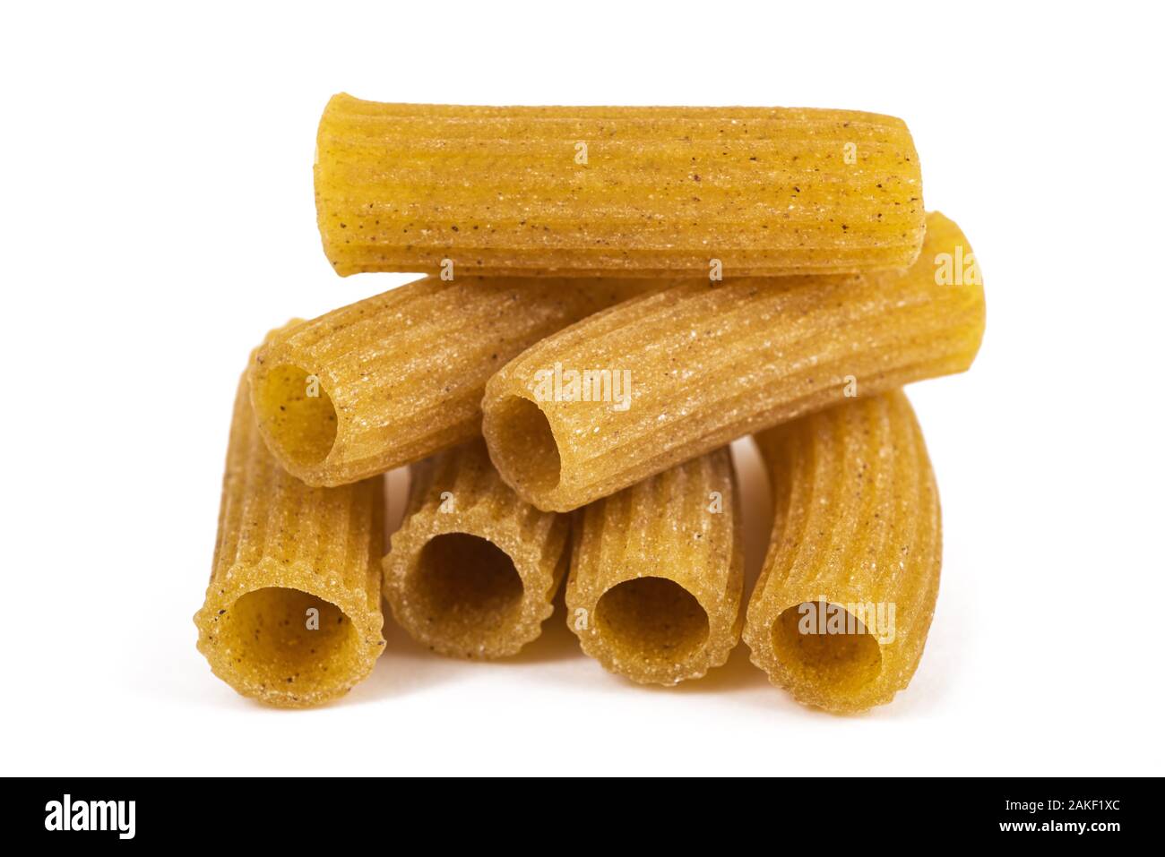 Rustic rigatoni pasta isolated on white background Stock Photo