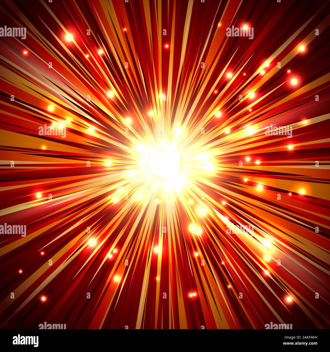 Shining a flash light with rays and sparkles; Abstract background of the fiery explosion and scattering rays; Release of powerful energy; Eps10 Stock Vector