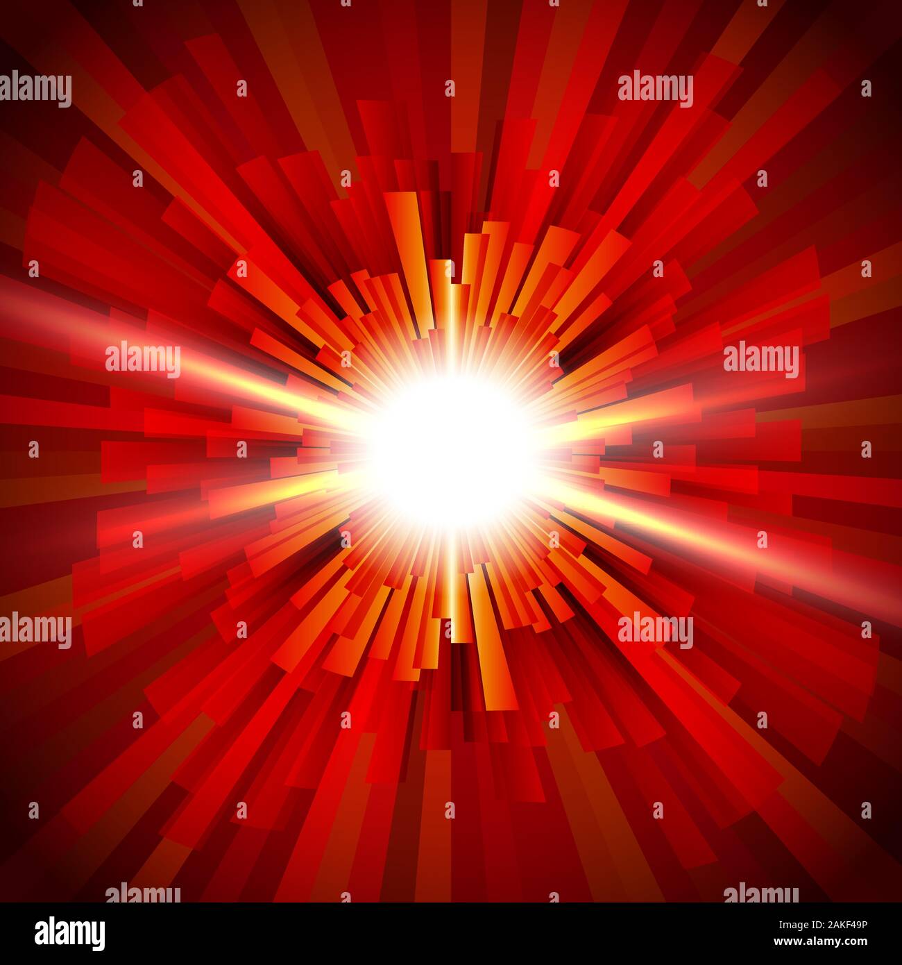 Shining a flash of light in the red tunnel; Abstract background of the fiery explosion and scattering rays; Release of powerful energy; Eps10 Stock Vector