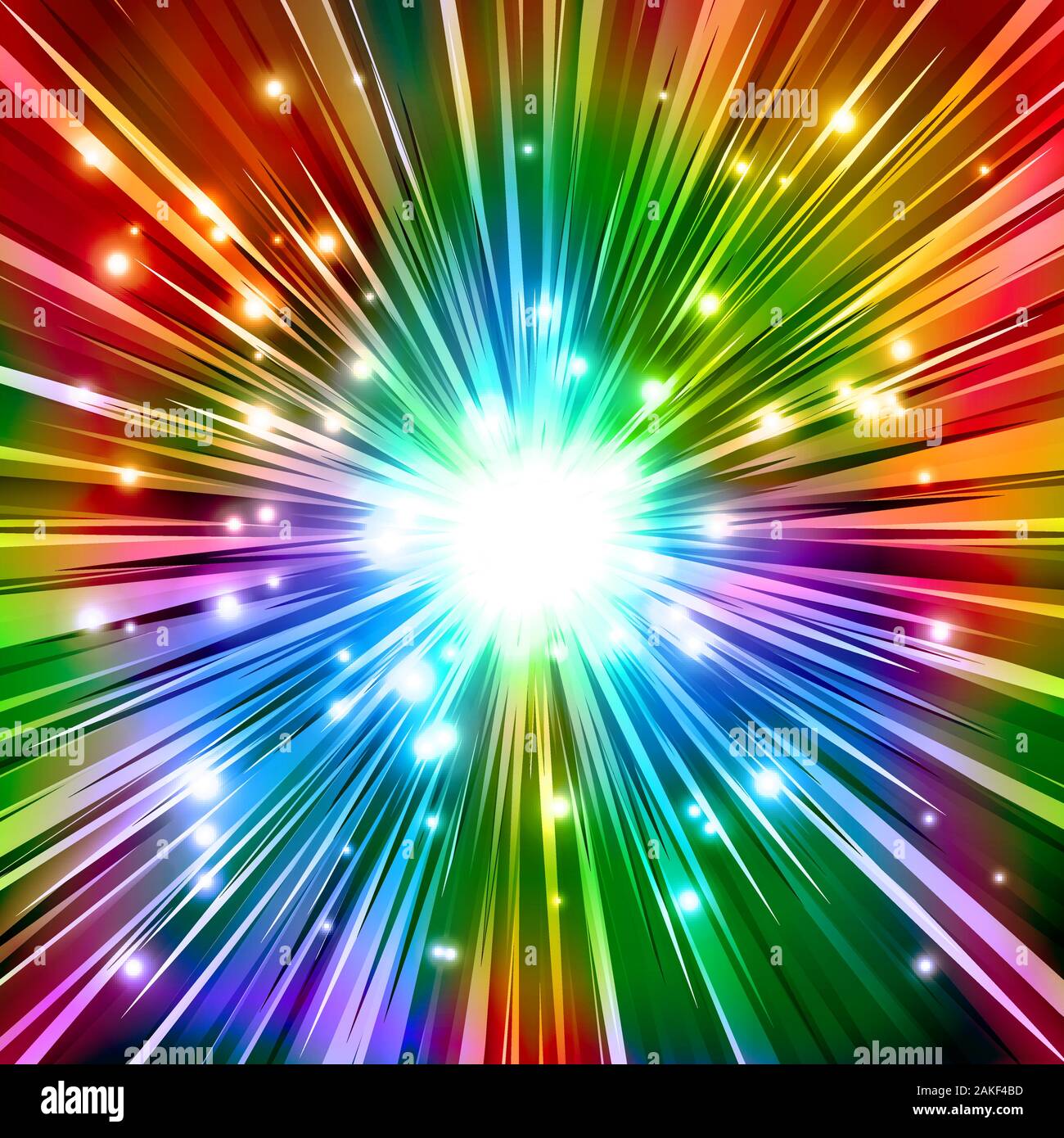 The Burst with rainbow rays and sparkles; Vector background of the explosion of powerful energy; Eps10 Stock Vector