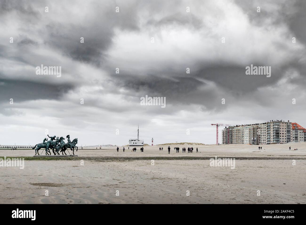 Nieuwpoort, Belgium (january 04, 2020): Pilotage building and statues on the beach Stock Photo