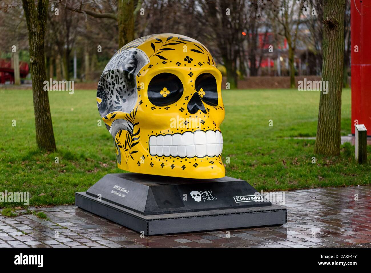 PARIS, FRANCE - JANUARY 8, 2020: 'Mexicraneos' exhibition of giant skulls painted and decorated by mexican artists held in the Parc de la Villette. Stock Photo