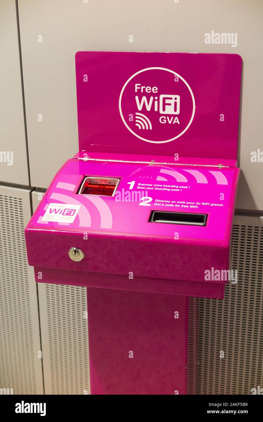 Machine issuing sign on code numbers / number codes to access the free passenger WiFi / Wi Fi Internet access to airport passengers. Geneva / Geneve. Switzerland (115) Stock Photo