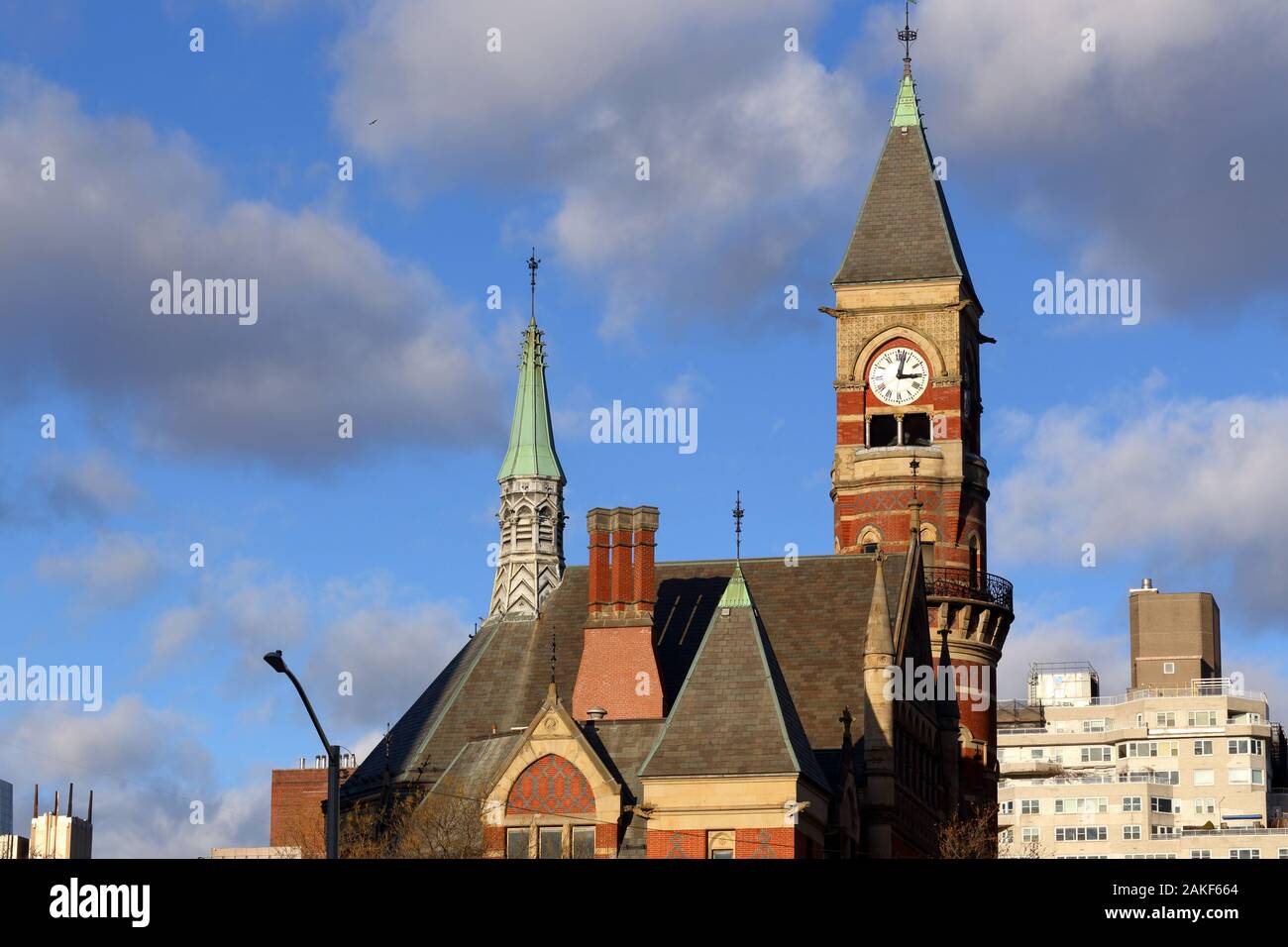 Jefferson Market Library on a partly cloudy day, New York, NY. exterior of a historic building in the Greenwich Village neighborhood of Manhattan. Stock Photo
