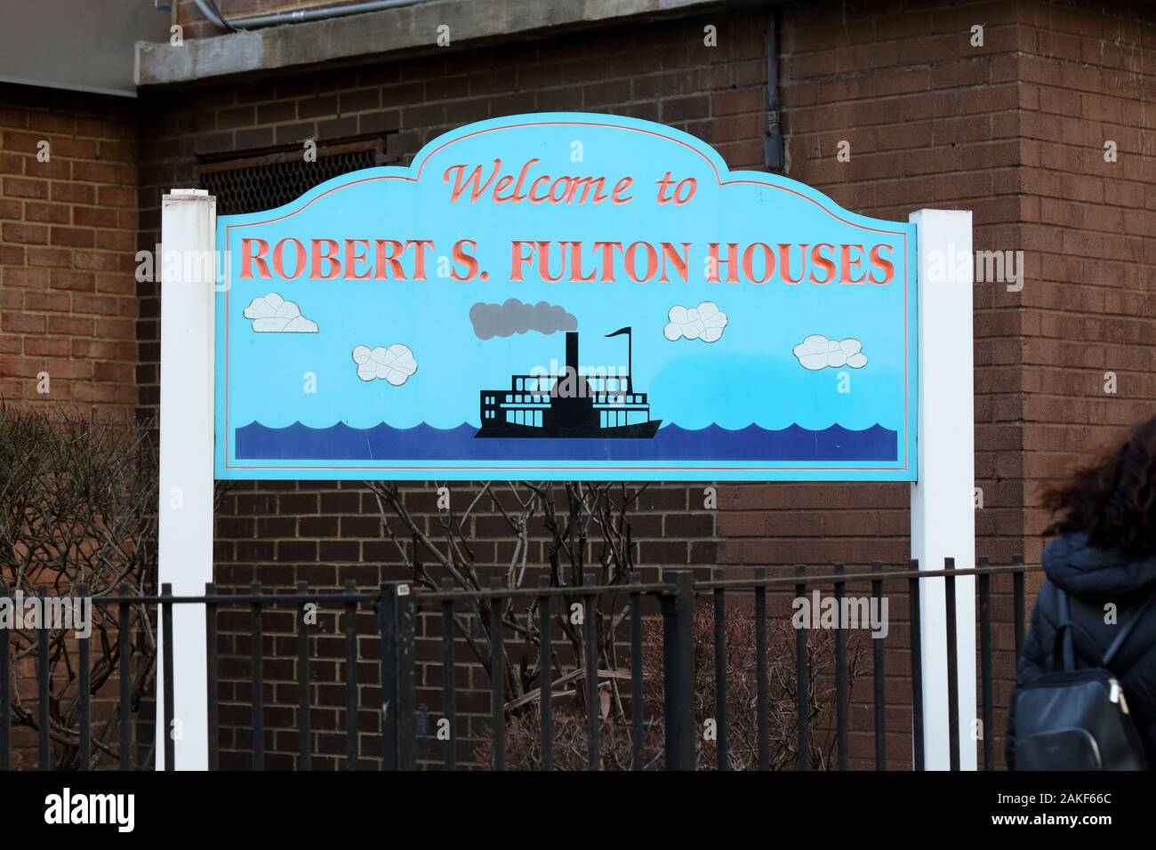 Signage for New York City Housing Authority Robert S. Fulton Houses in the Lower East Side neighborhood of Manhattan, New York, NY Stock Photo