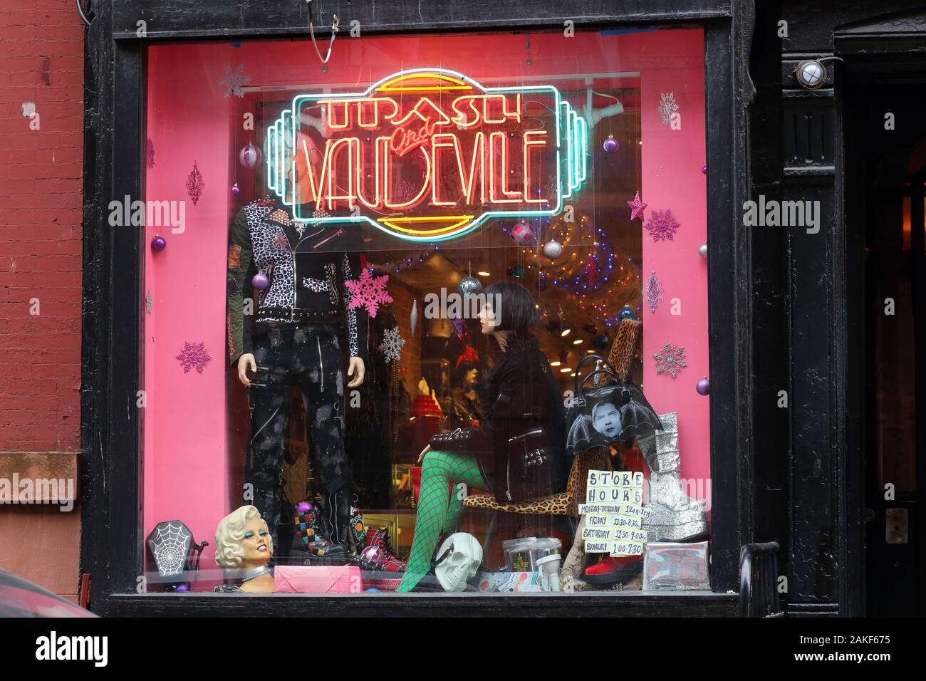 Trash and Vaudeville, 96 E 7th St, New York, NYC. a window display at the punk rock emporium in the East Village neighborhood of Manhattan Stock Photo