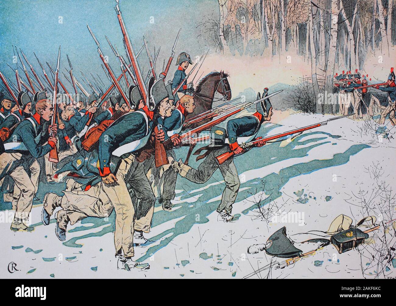 Battle of Eylau or Battle of Preussisch-Eylau, 7 and 8 February 1807, was a bloody battle between Napoleon's Grande Armée and the Imperial Russian Army under the command of Levin August von Bennigsen near the town of Preussisch Eylau in East Prussia  /  Die Schlacht von Eylau oder die Schlacht von Preussisch-Eylau am 7. und 8. Februar 1807 war eine blutige Schlacht zwischen Napoleons Grande Armée und der kaiserlichen russischen Armee unter dem Kommando von Levin August von Bennigsen in der Nähe der Stadt Preussisch Eylau in Ostpreußen, digital improved reproduction of an original from the 19th Stock Photo