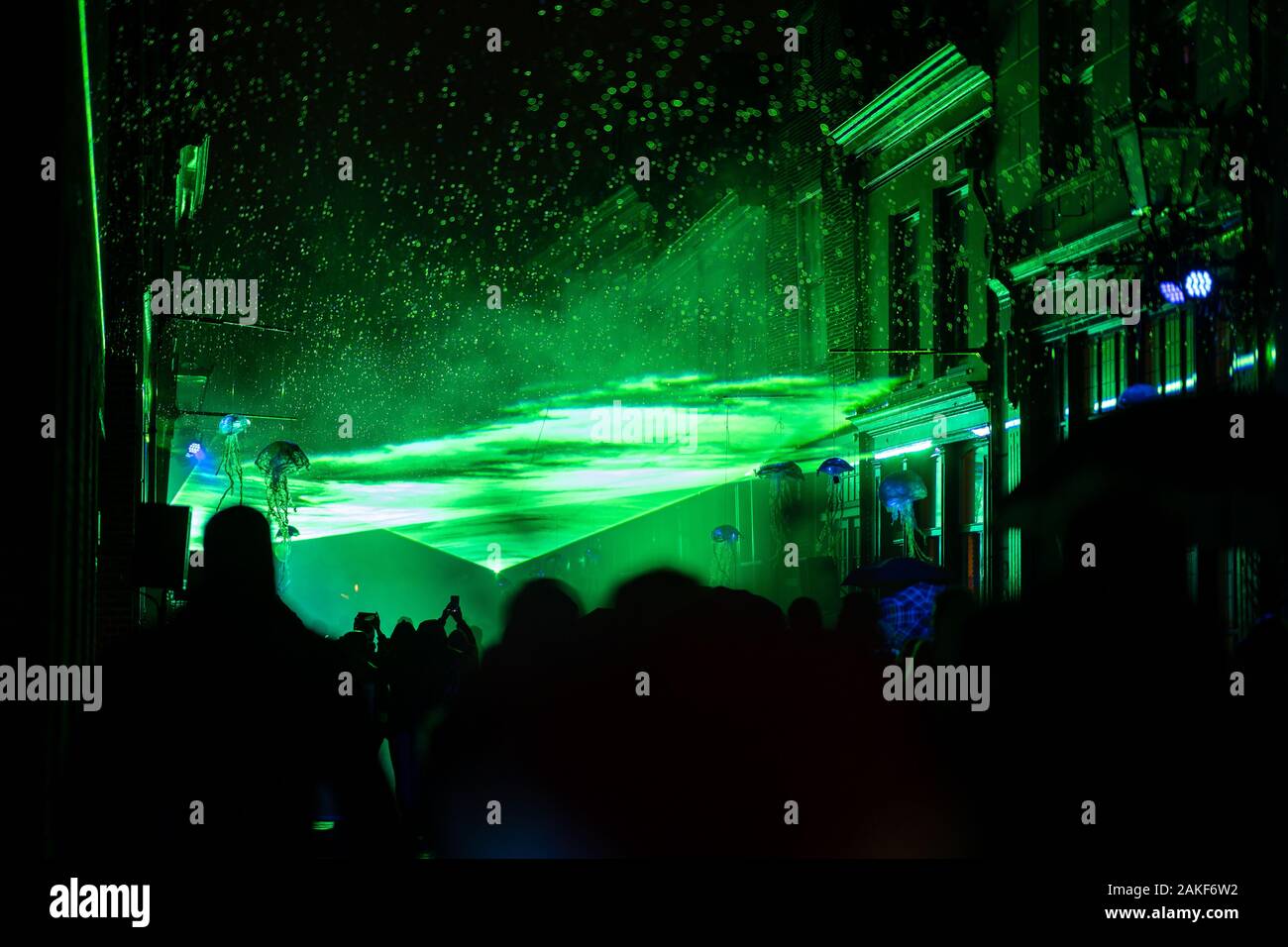 Abstract colored laser light with tunnel effects smoke during a rain shower  Stock Photo - Alamy