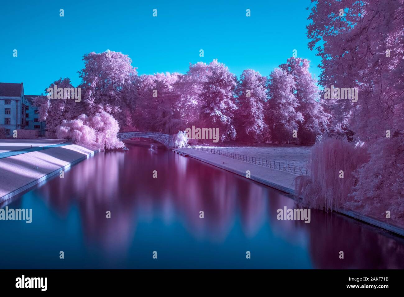 UK, England, Cambridgeshire, Cambridge, The Backs, The River Cam and King's College Bridge, Infra Red image Stock Photo