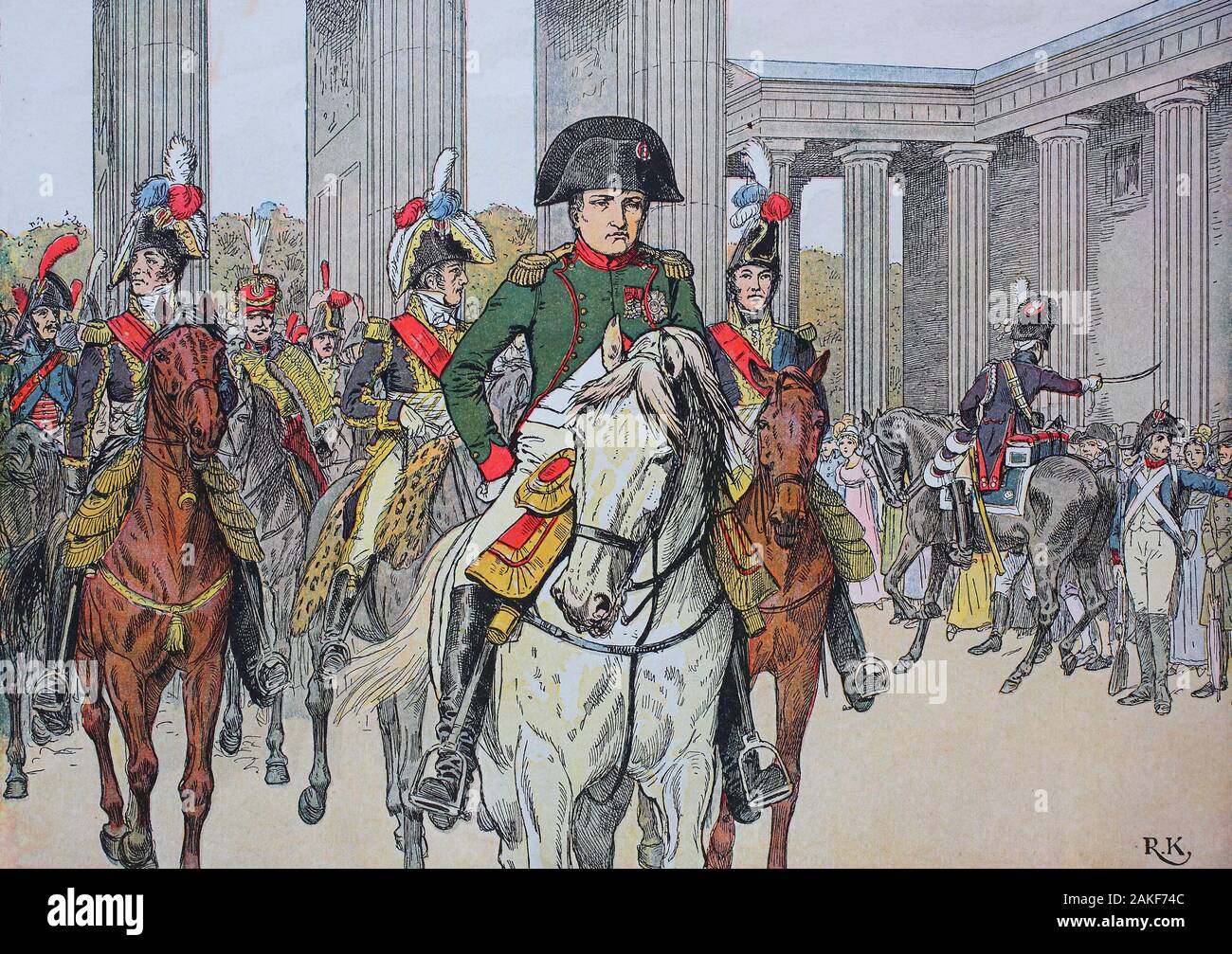 Napoleon is the winner in Berlin, Triumphal Procession  /  Napoleon ist der Sieger in Berlin, Triumphzug, Oktober 1806 bricht die preußische Armee zusammen, und Napoleon hält in Berlin Einzug, digital improved reproduction of an original from the 19th century / digitale Reproduktion einer Originalvorlage aus dem 19. Jahrhundert Stock Photo