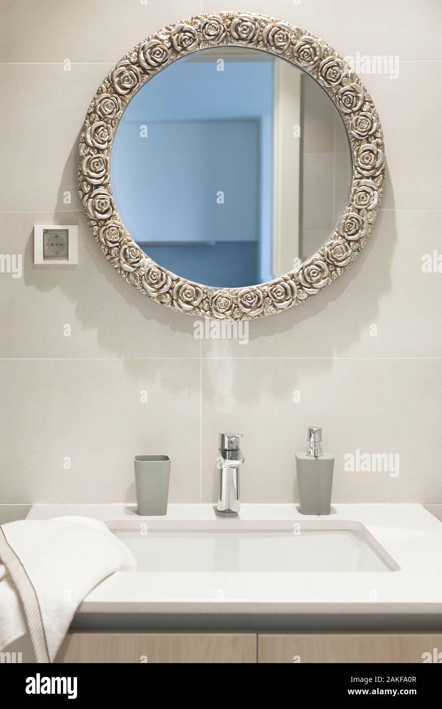 Detail of modern contemporary interior bathroom with mirror and ...