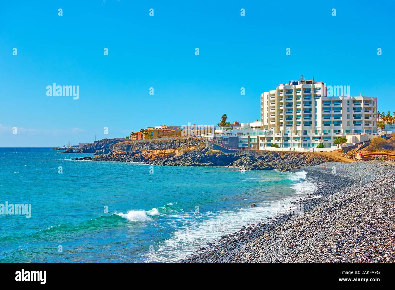The Atlantic Ocean and resort hotels on the coast of Tenerife,  The Canary Islands Stock Photo