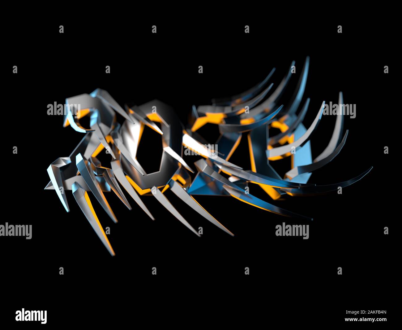 Happiness for the New Year 2020 lettering made by metal cast and lit by blue and orange light. The surface is covered with sharp spikes Isolated on bl Stock Photo
