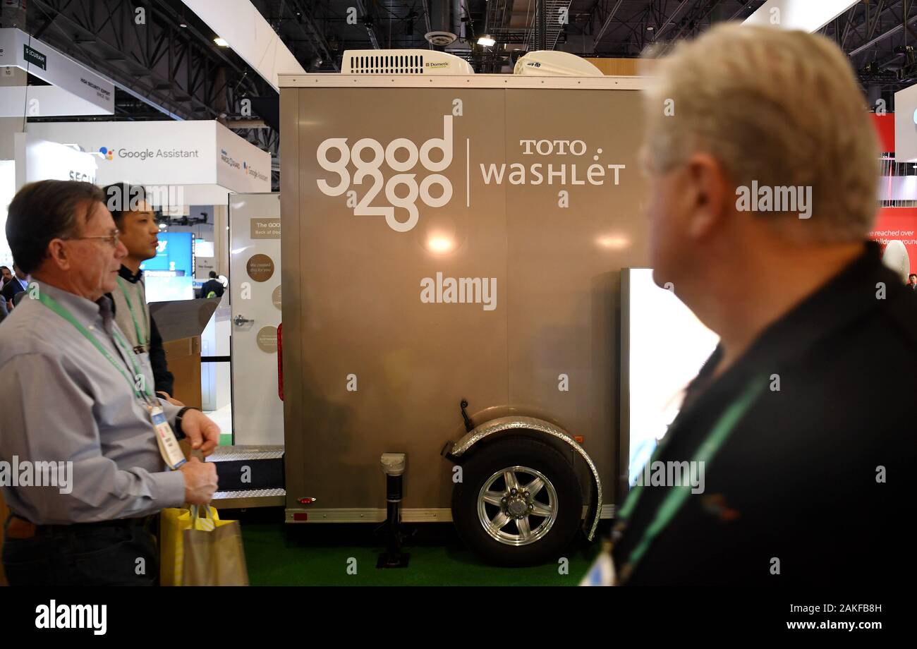 (200109) -- LAS VEGAS, Jan. 9, 2020 (Xinhua) -- Visitors view a mobile toilet that can be called through the app at the 2020 Consumer Electronics Show in Las Vegas, the United States, Jan. 8, 2020. (Xinhua/Wu Xiaoling) Stock Photo