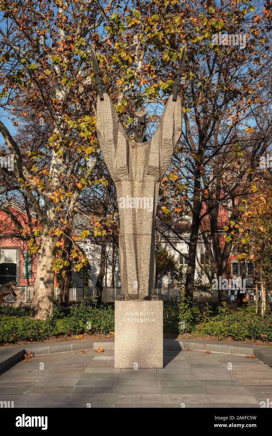 Monument of Saint Clement of Ohrid or St. Clement Ohridski in Sofia Bulgaria as scholar writer and enlightener of the Slavs. Stock Photo