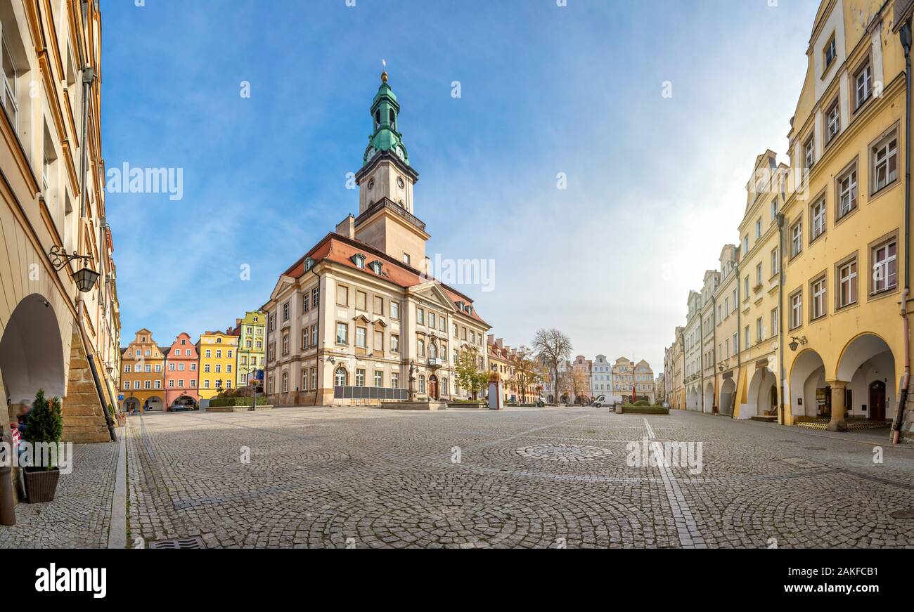 Jelenia Gora, Poland. View of Market square (Rynek Jeleniogorski) with historic building of Town Hall Stock Photo