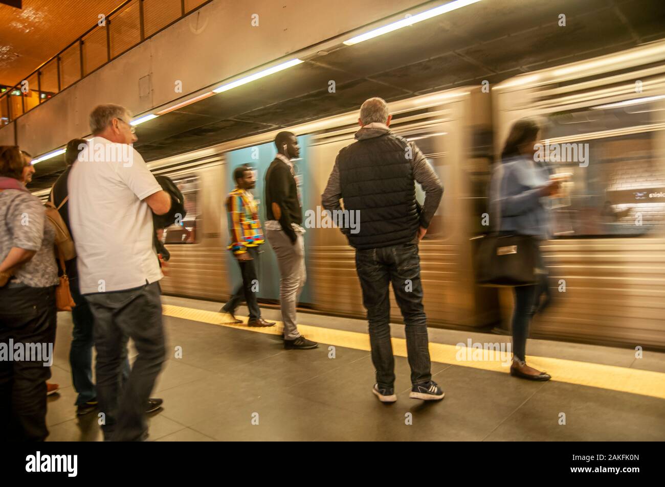 Motion blur Metro train enter Baixa Chiado subway station in Lisbon, Portugal Stock Photo