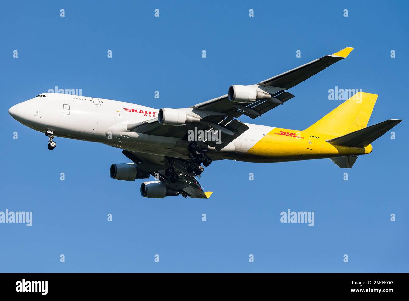 A Boeing 747-400 cargo airplane of Kalitta Air operating for DHL Aviation. Kalitta Air is an American cargo airline. Stock Photo