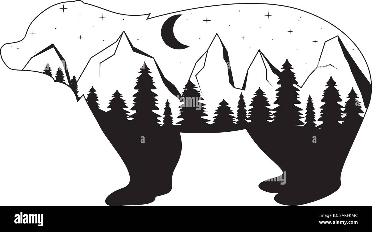 Moon and mountains, forest. Night landscape silhouette bear Stock Vector