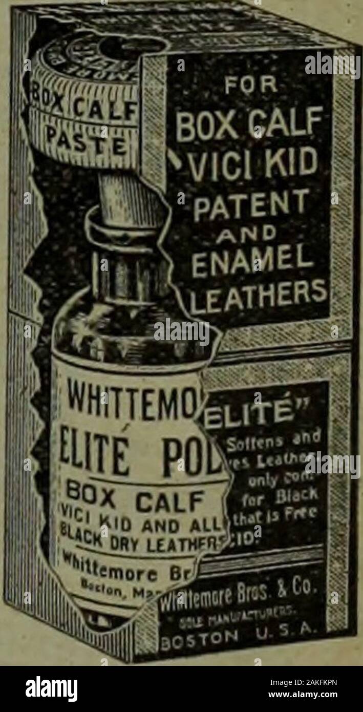 Excellent corner tile Canadian grocer July-December 1908 . the World ELITECombination The only  first-class articlefor ladies and gents BoxCalf Vici Kid and allblack  shoes. The onlypolish endorsed by themanufacturers of BoxCalf leather.  Containsoil and positively