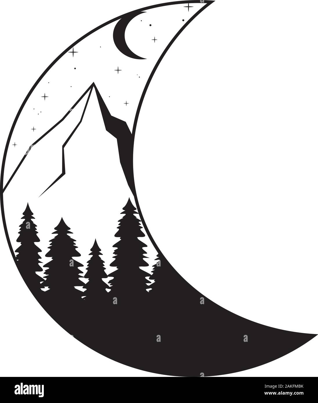 Moon and mountains, forest. Night landscape silhouette Stock Vector