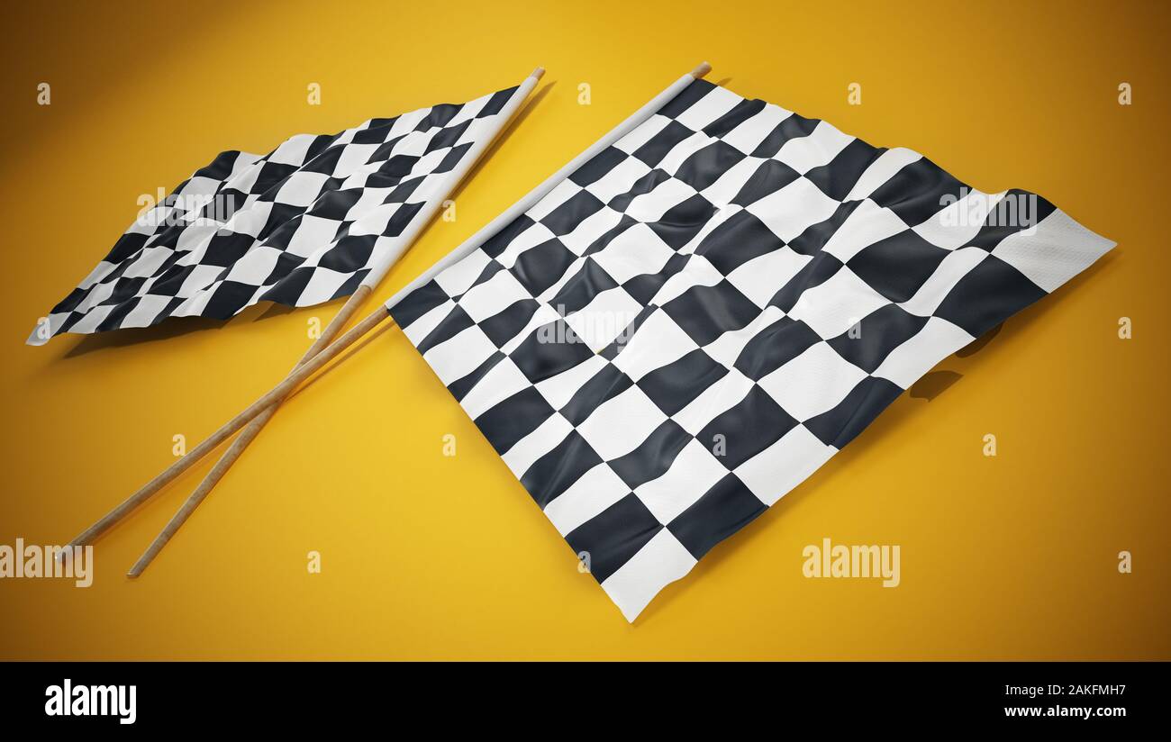 Checkered race flags on yellow background. 3D illustration. Stock Photo