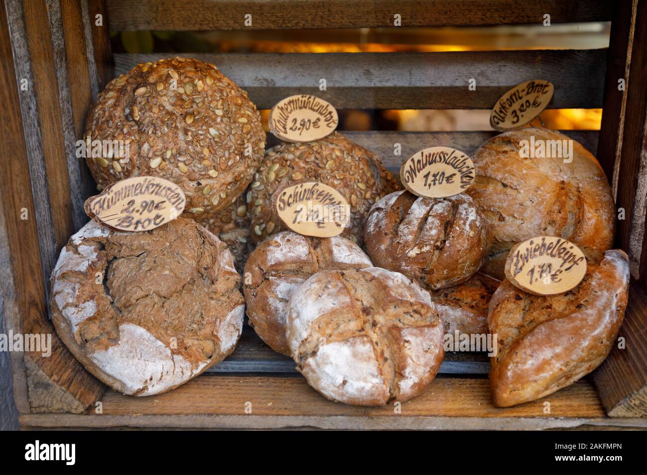 Freshly baked traditional German  bread loafs for sale at market in Rothenburg ob der Tauber, Bavaria, Germany, Europe Stock Photo