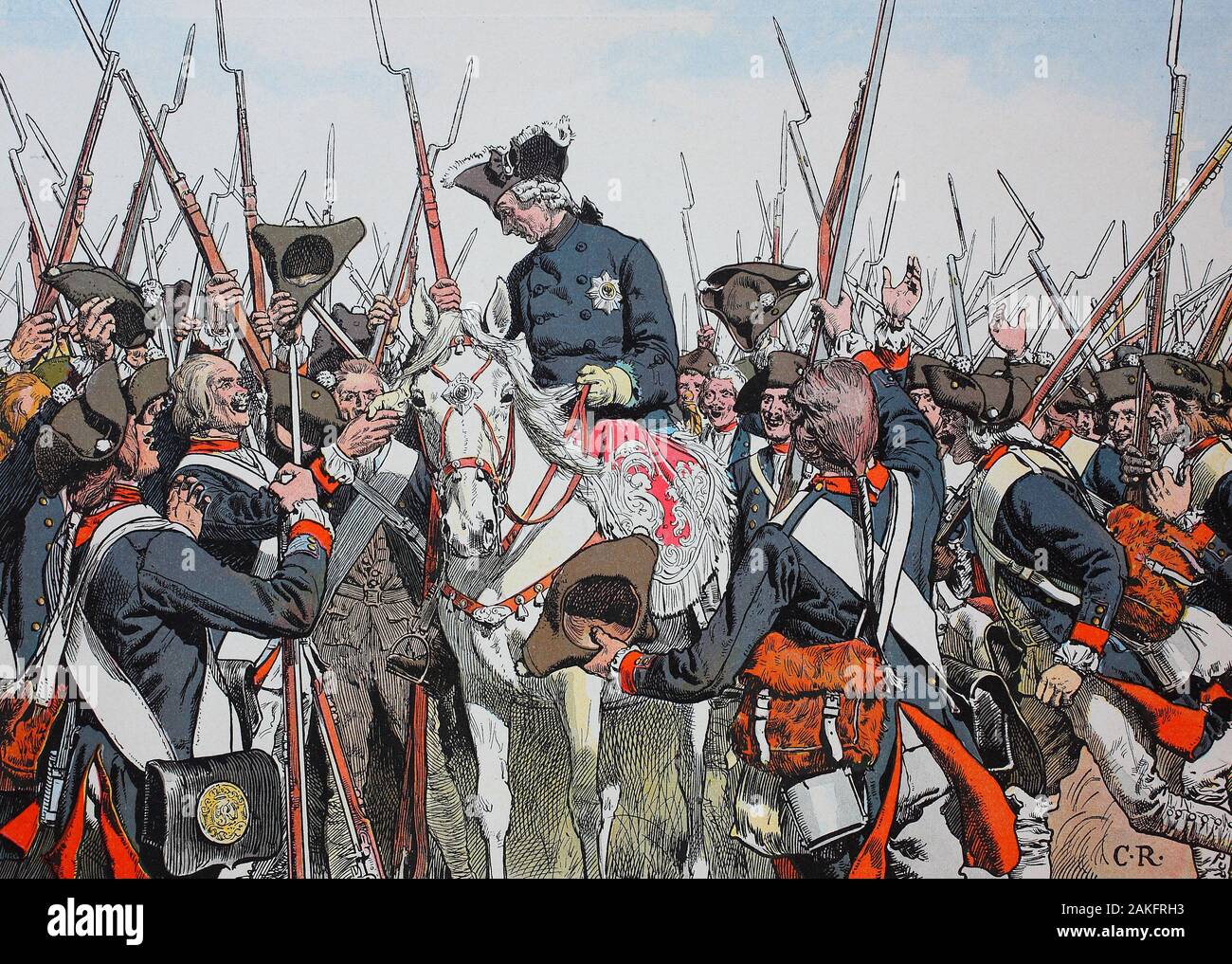 Seven Years' War, global conflict fought between 1756 and 1763, King Frederick the Great, Frederick II., Friedrich der Große, Friedrich II. 1712 - 1786 an the regiment Wernburg  /  Siebenjähriger Krieg, weltweiter Konflikt zwischen 1756 und 1763, König Friedrich der Große, Friedrich II., Friedrich der Große, Friedrich II. 1712 - 1786 im Regiment Wernburg, digital improved reproduction of an original from the 19th century / digitale Reproduktion einer Originalvorlage aus dem 19. Jahrhundert Stock Photo