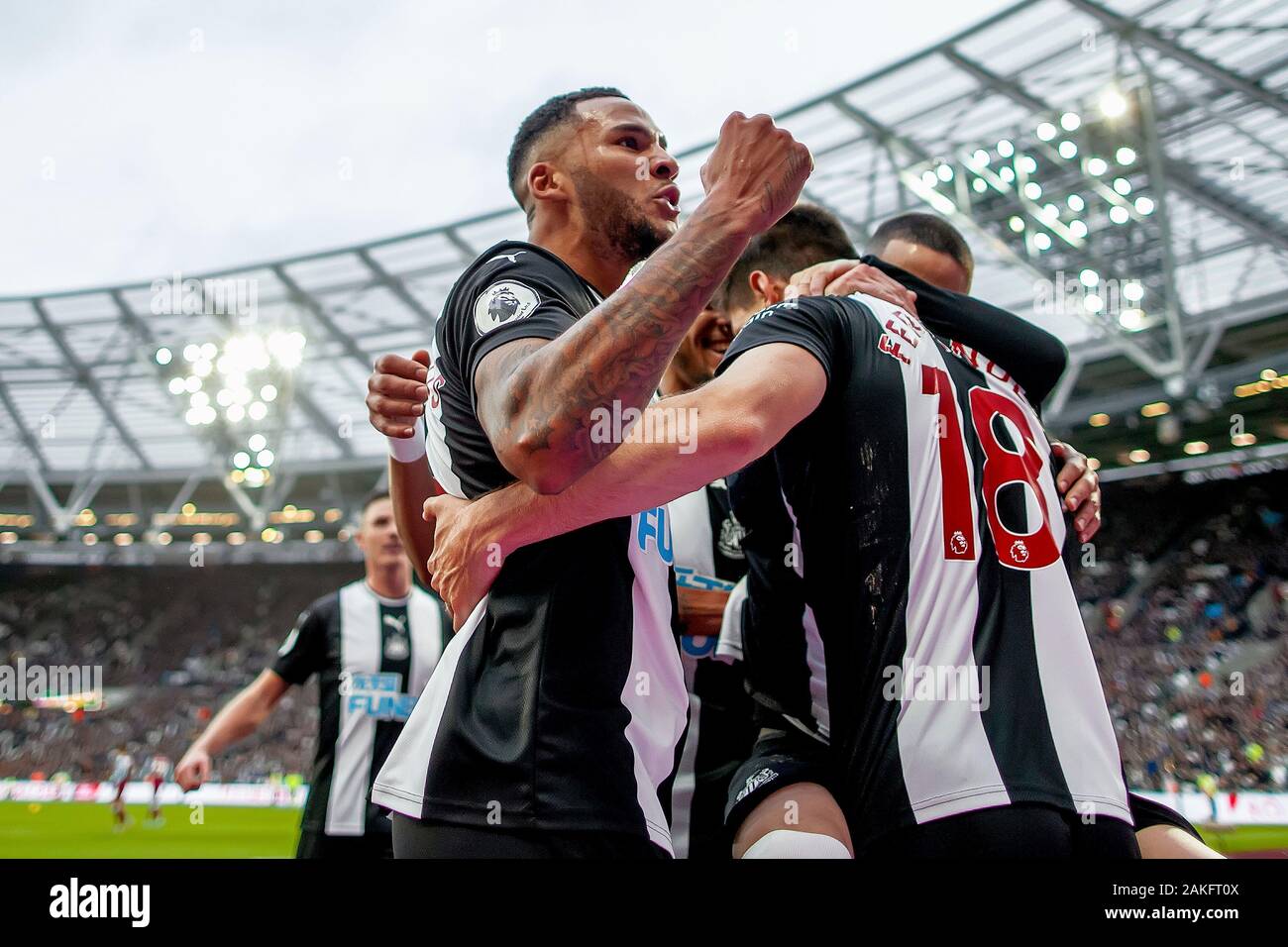 Federico Fernandez of Newcastle United is congratulated after scoring a goal to make it 0-2 - West Ham United v Newcastle United, Premier League, London Stadium, London, UK - 1st November 2019  Editorial Use Only - DataCo restrictions apply Stock Photo
