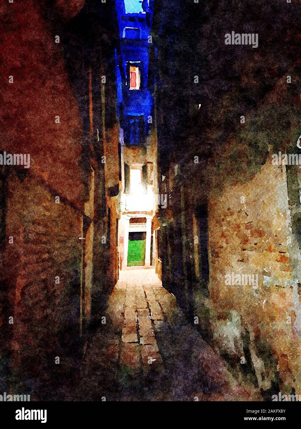 Watercolor representing a dark alleyway in the historic center of Venice Stock Photo