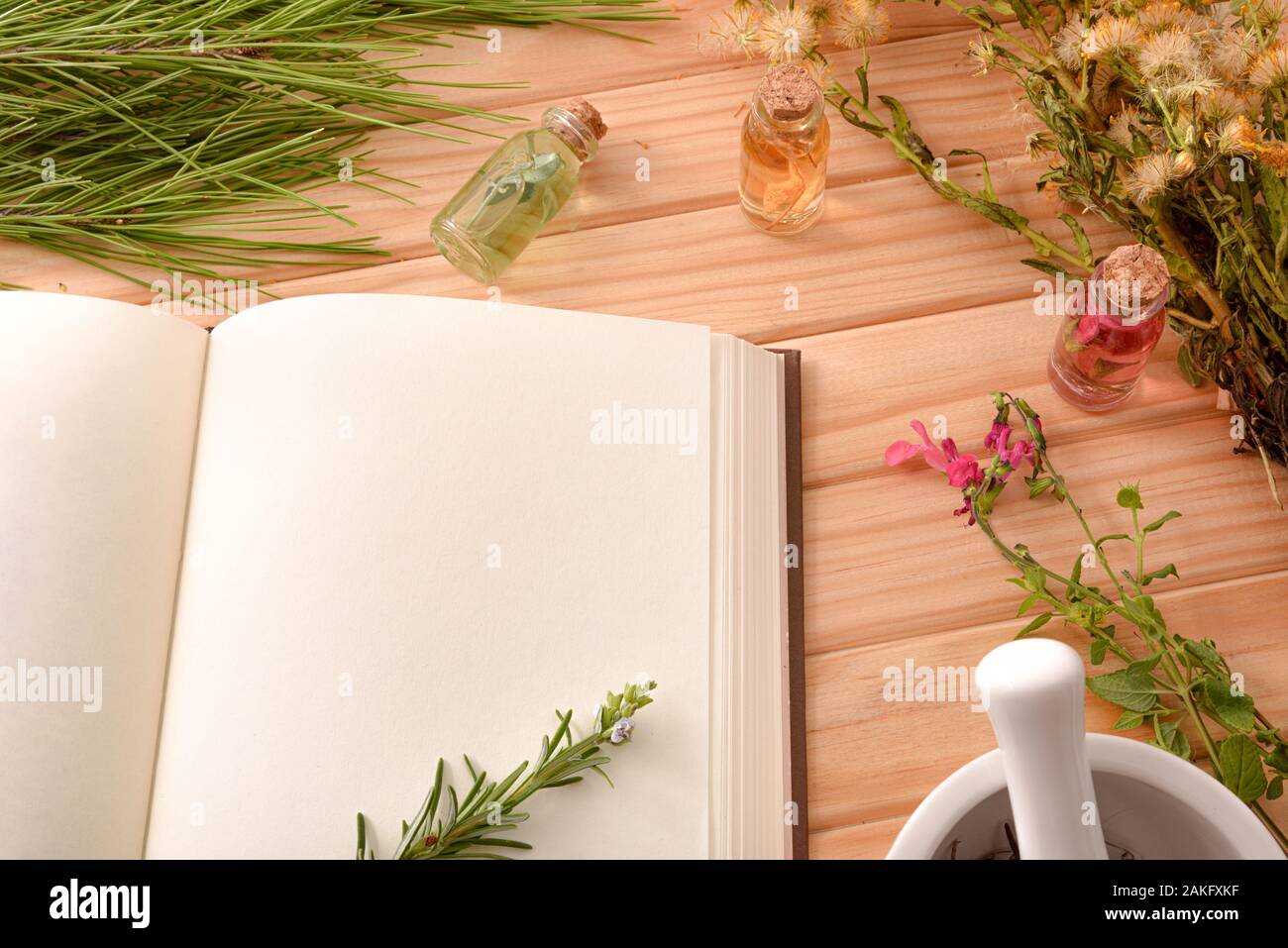 Blank book of recipes for the preparation of natural plant medicine on wooden table with medicinal and aromatic plants. Top view. Horizontal compositi Stock Photo