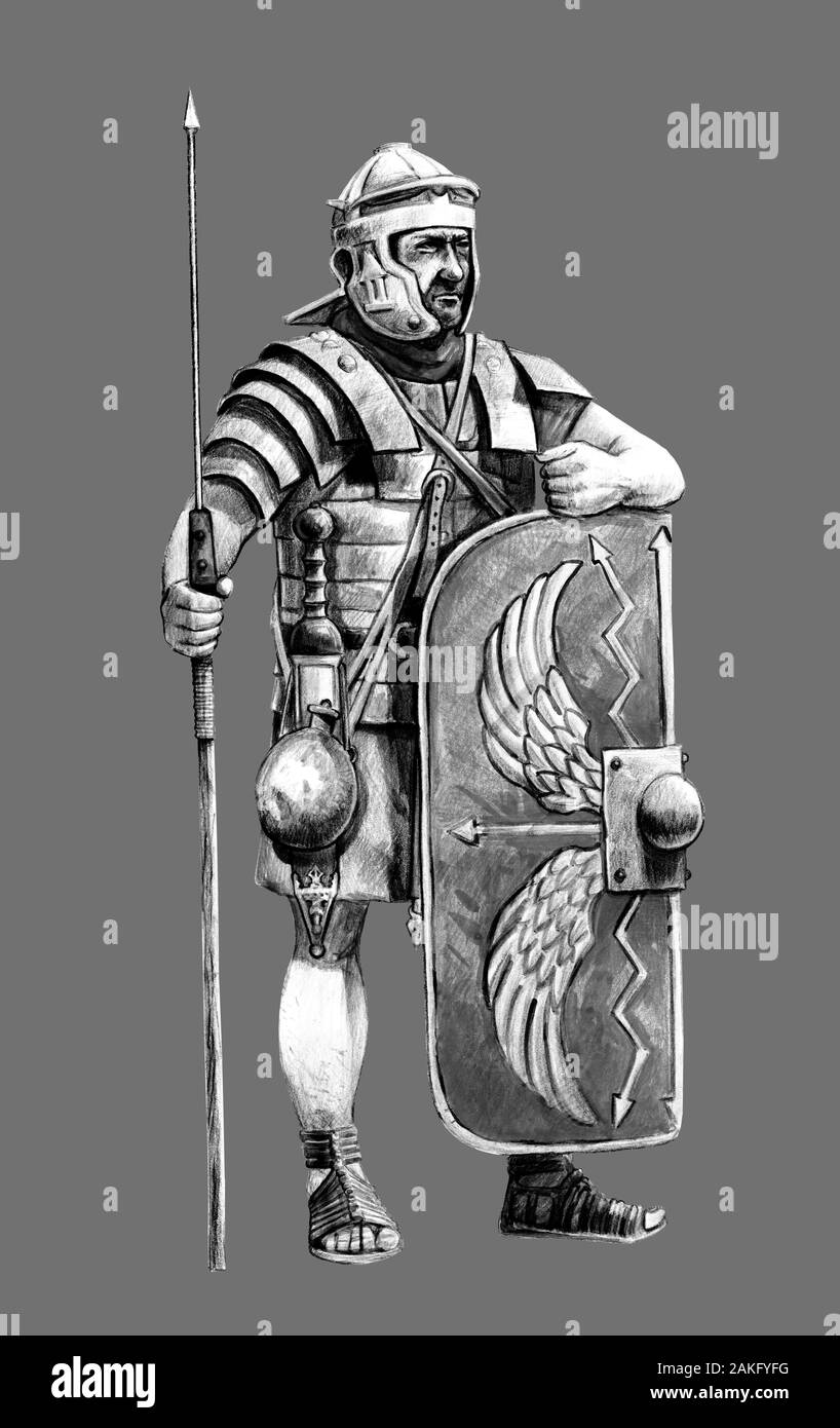 Roman legionary illustration. Roman soldier black and white drawing. Stock Photo