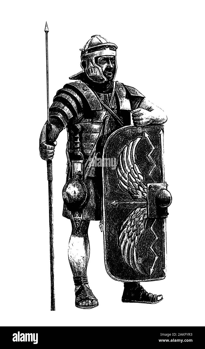 Roman legionary illustration. Roman soldier black and white drawing. Stock Photo