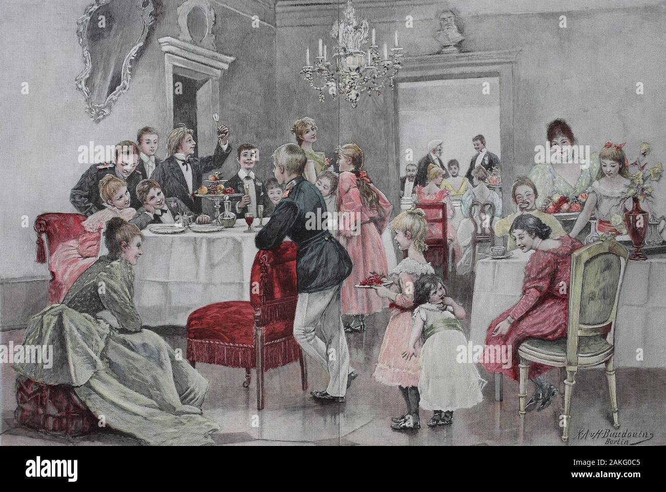 Adolescents celebrate at a family celebration in a separate room  /  Jugendliche feiern bei einer Familienfeier in einem separaten Raum , digital improved reproduction of an original from the 19th century / digitale Reproduktion einer Originalvorlage aus dem 19. Jahrhundert Stock Photo