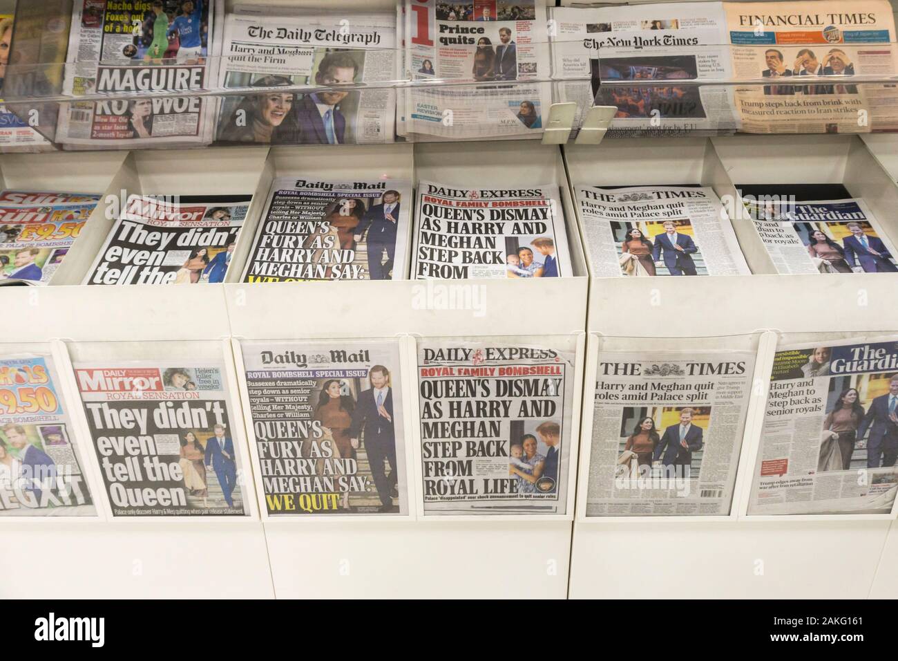 United Kingdom, 09 January 2020.  UK newspaper headlines react to the news that the Duke & Duchess of Sussex are to 'step back as senior members of the royal family'. Credit UrbanImages-News/Alamy. Stock Photo