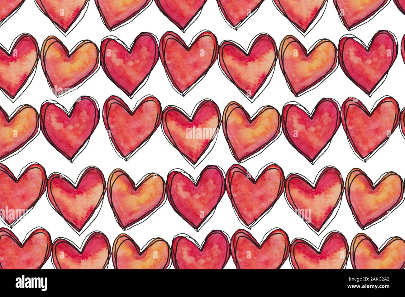 Valentine's Day hand painted watercolor pink doodle hearts illustration ...