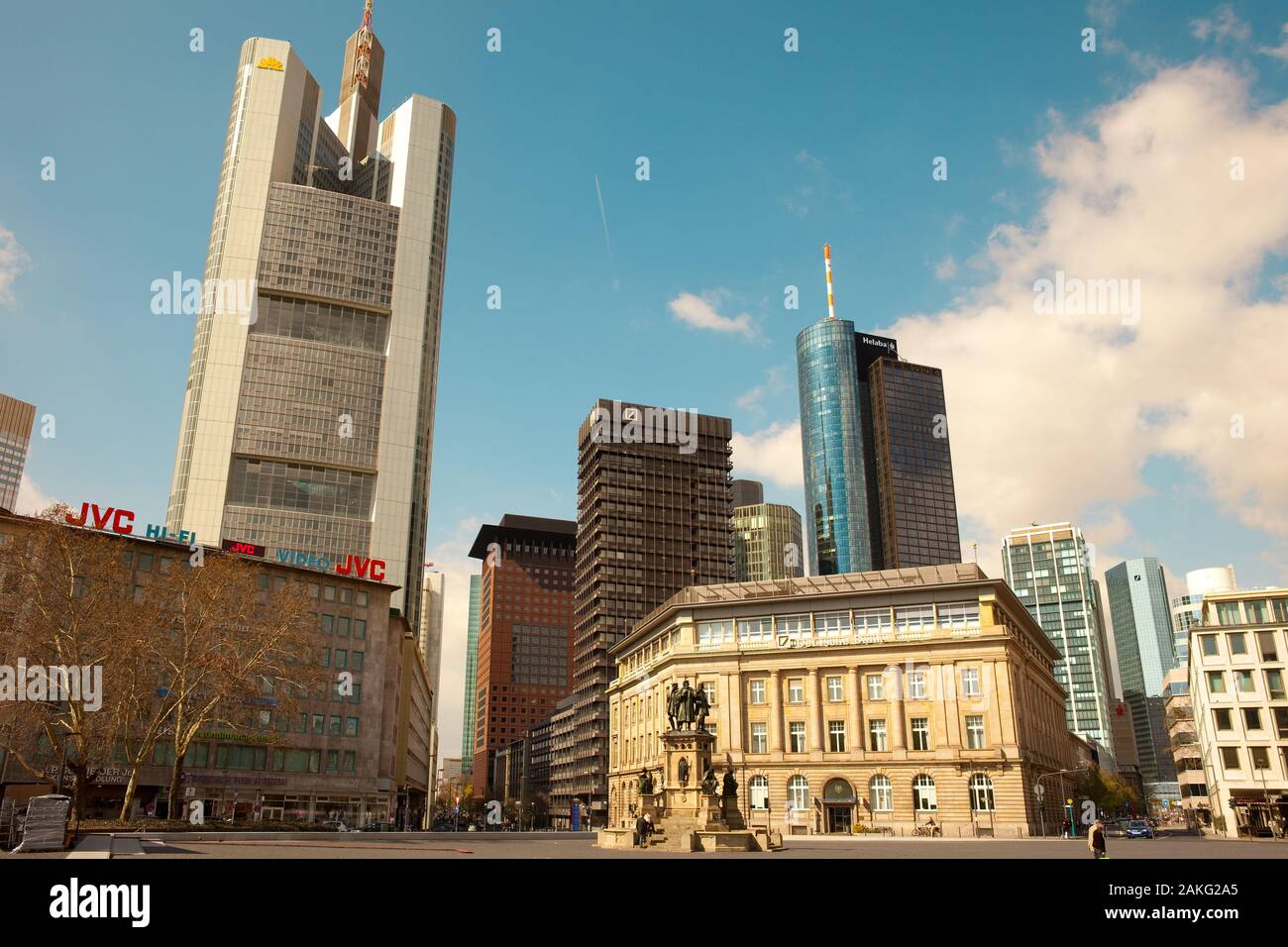 Frankfurt, Hesse, Germany - Rossmarkt Square, skyline of modern skyscrapers and Deutsche Bank Building, Stock Photo