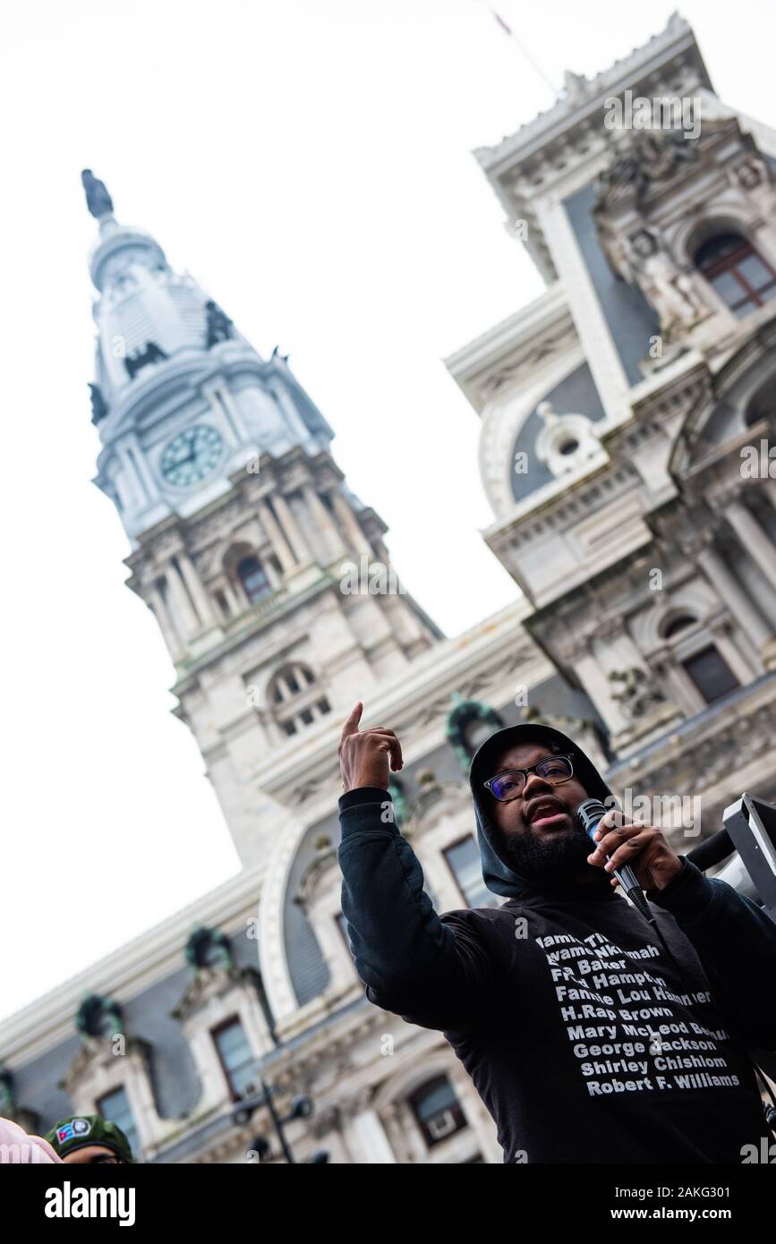Philadelphia Pennsylvania / USA. Multiple Philadelphia organizations rallied at City Hall in protest of President Trump's military action in Iraq, ass Stock Photo
