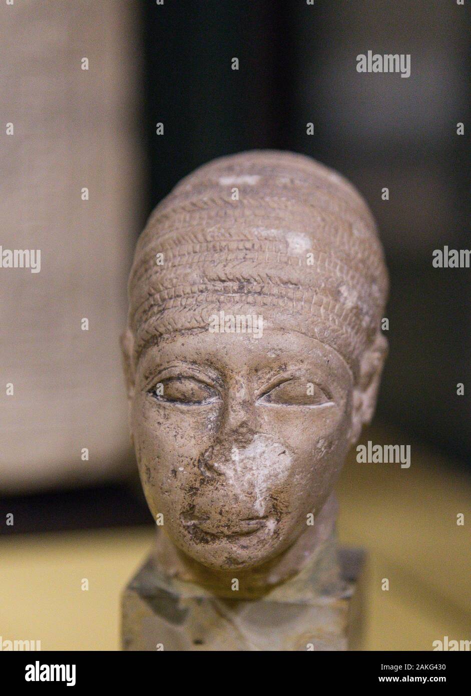 Opening visit of the exhibition 'Sésostris III, pharaon de légende”, Lille, France. Head of a foreign (Middle East) woman, limestone. Stock Photo