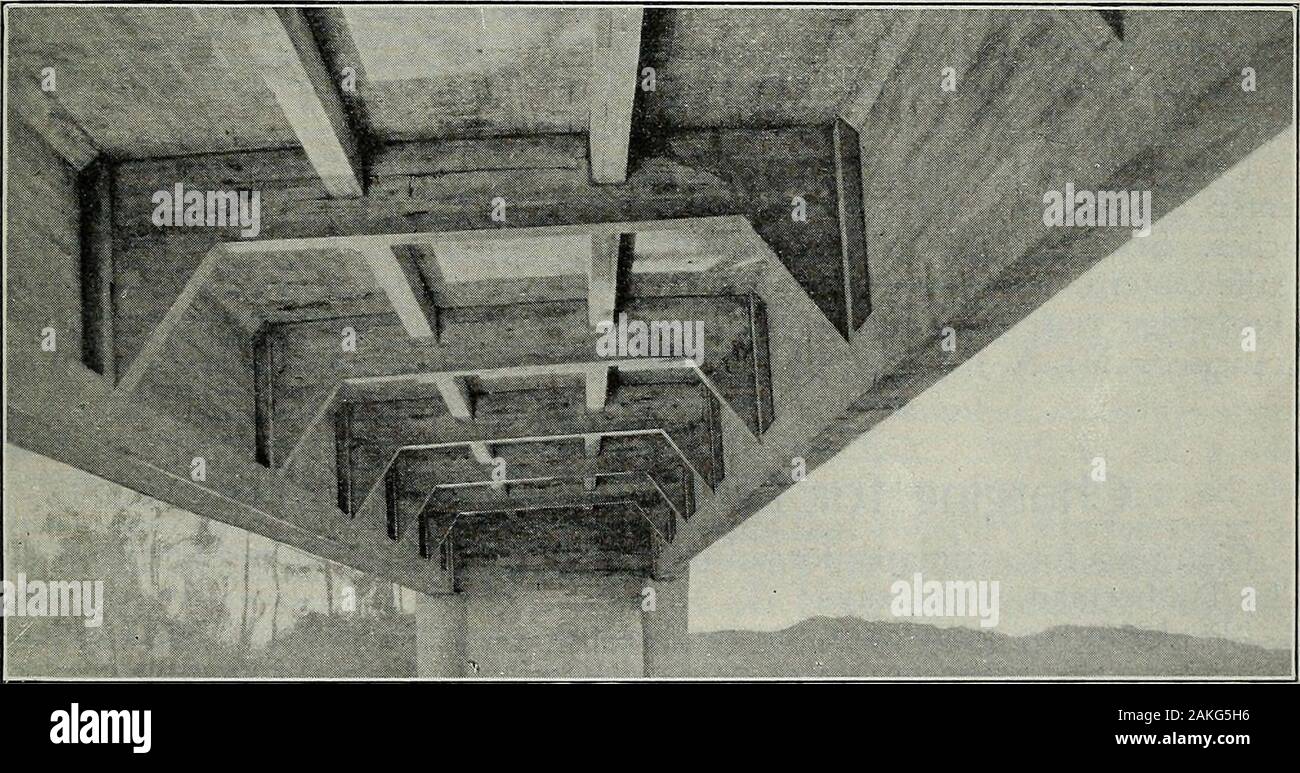 Architect and engineer . es govern, while in the designof the main girders the distributed load gave maximum stress. In the stringersthe maximum fiber stress of the concrete is 350 pounds per square inch. In thesteel a maximum fiber of 16,000 pounds per square inch was permitted and theshear is 145 pounds net section. Because of the likelihood of rusting and corro-sion, too, it was decided not to use roller bearings to carry the expansion move-ment of the girders. Instead a thin sheet of asphalt was poured at each endand 4 inches latitude allowed for expansion and contraction. The influence of Stock Photo