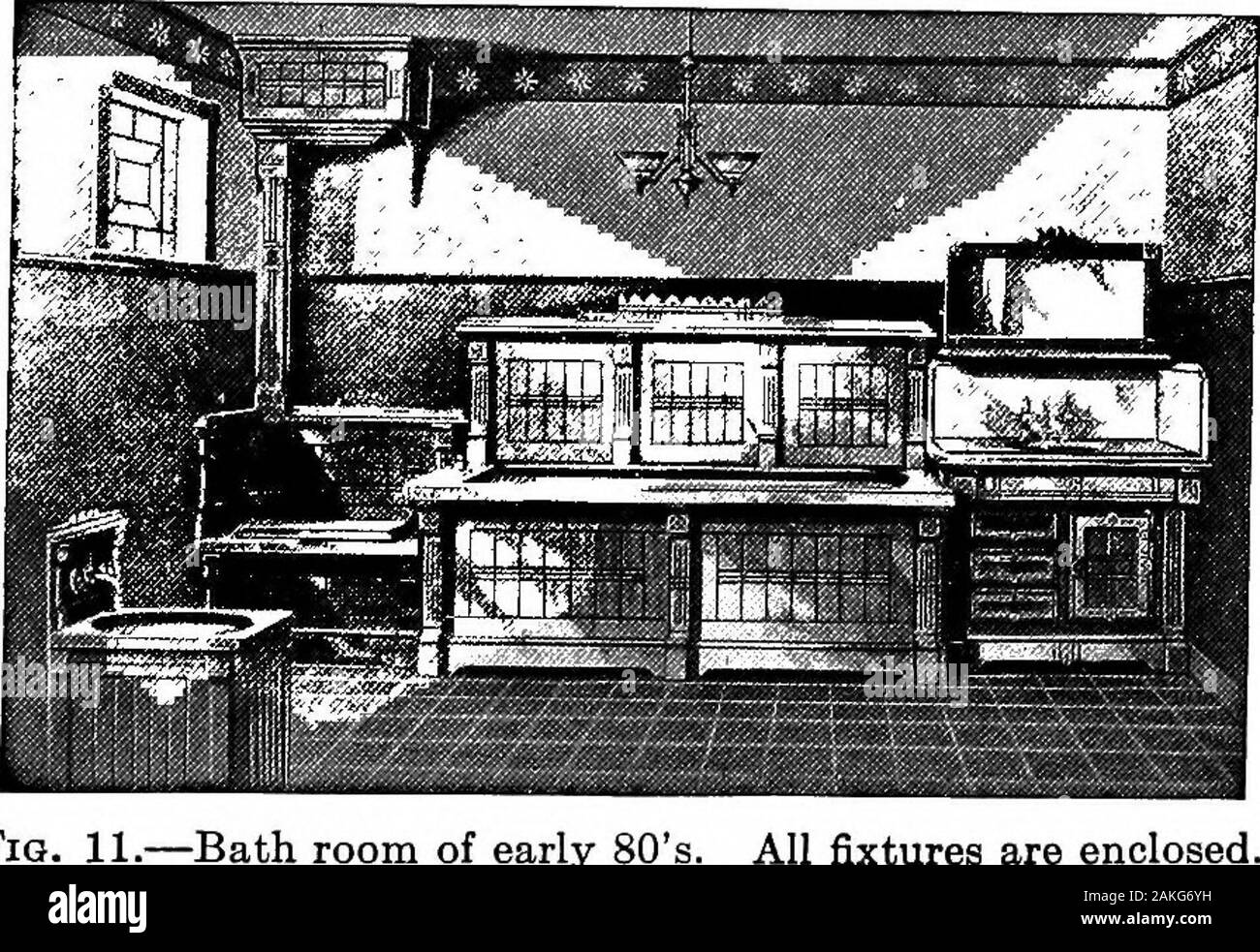 Elements of plumbing . Fig. 10.. FlQ ?Bath room of early 80s. All fixtures are enclosed. The development of the urinal, showers, wash trays,drinking fountains and other fixtures I will not attempt tocover. As the demand has been evident for fixtures ofcertain tj^jes, the plumber has been alert to anticipate and 10 ELEMENTS OF PLUMBING supply it. There is need, however, for improvement inall our fixtures, especially that part which connects with thewaste pipes, also the hanging, that is the arrangement orlack of arrangement for hanging fixtures to the wall. Thewaste and overflow of all fixtures Stock Photo