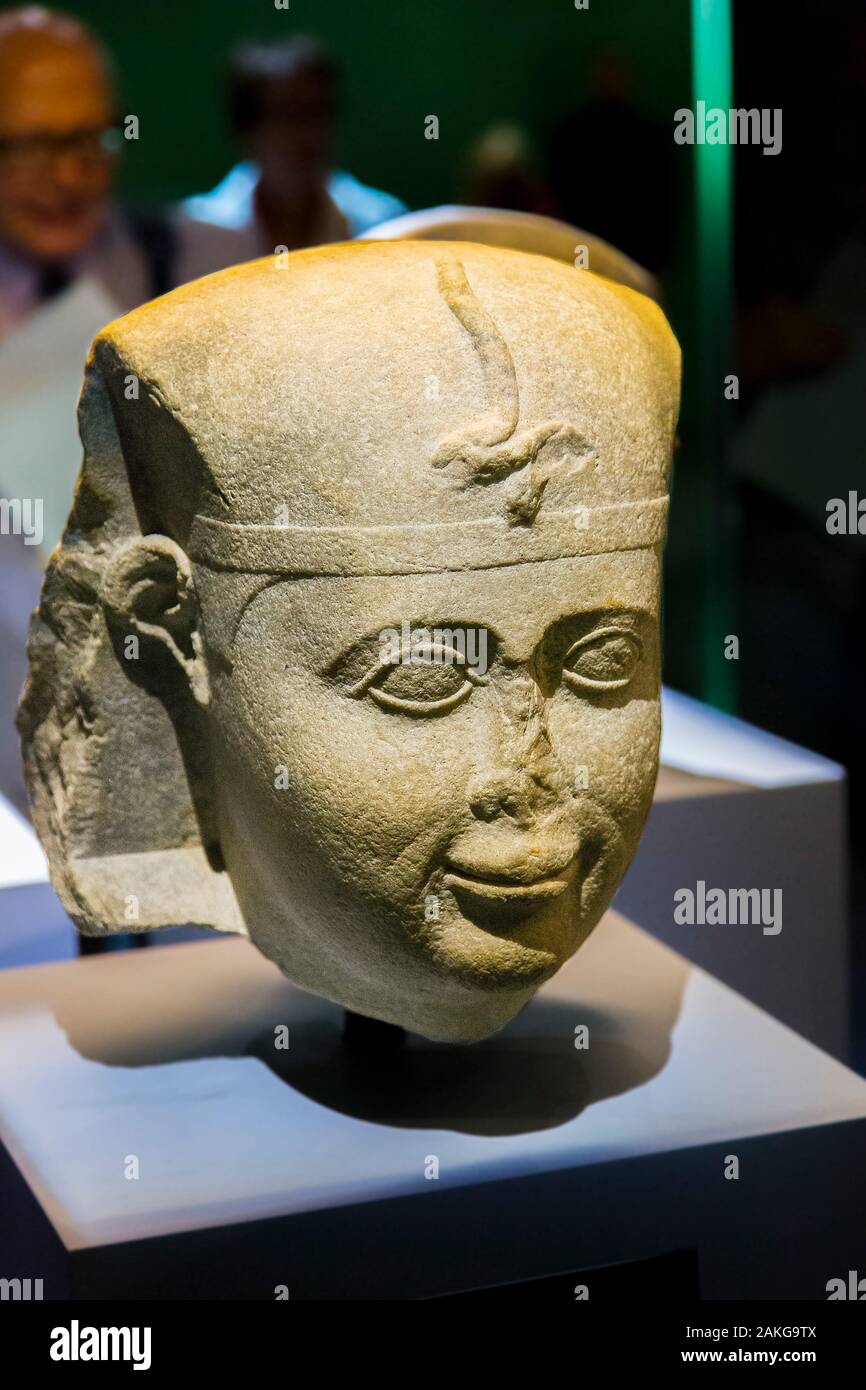 Photo taken during the opening visit of the exhibition “Osiris, Egypt's Sunken Mysteries”. Head of a pharao. Stock Photo