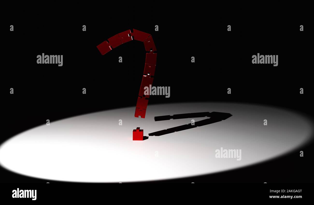 QUESTION MARK from 3D render PUZZLES on BLACK background brightly lit Stock Photo