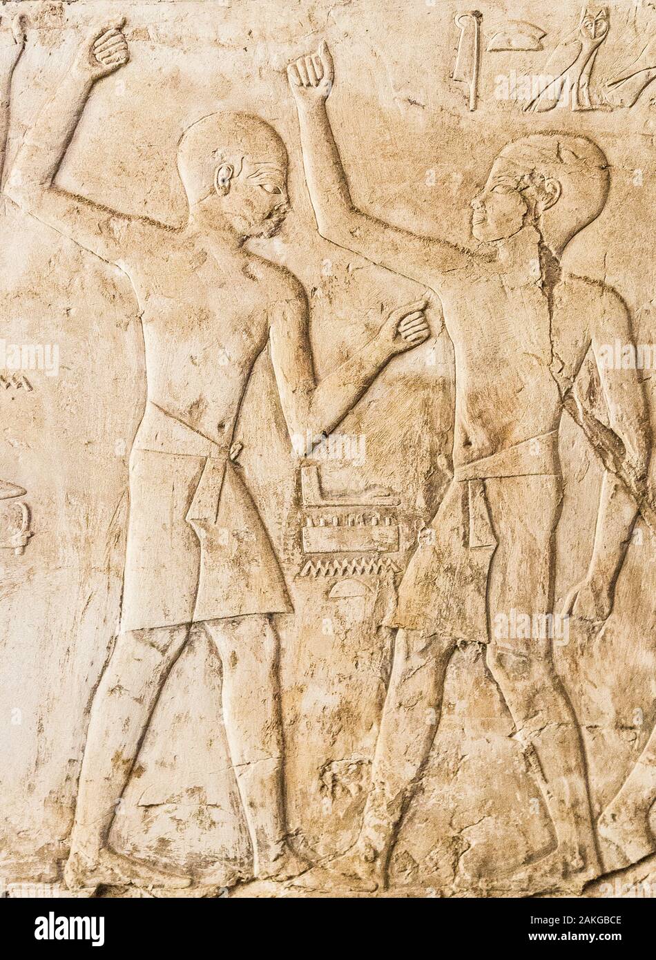 Thebes in Egypt, Assassif (part of the Valley of the Nobles), tomb of Kheruef. In the context of the jubilee of the king, is this fight real or fake ? Stock Photo