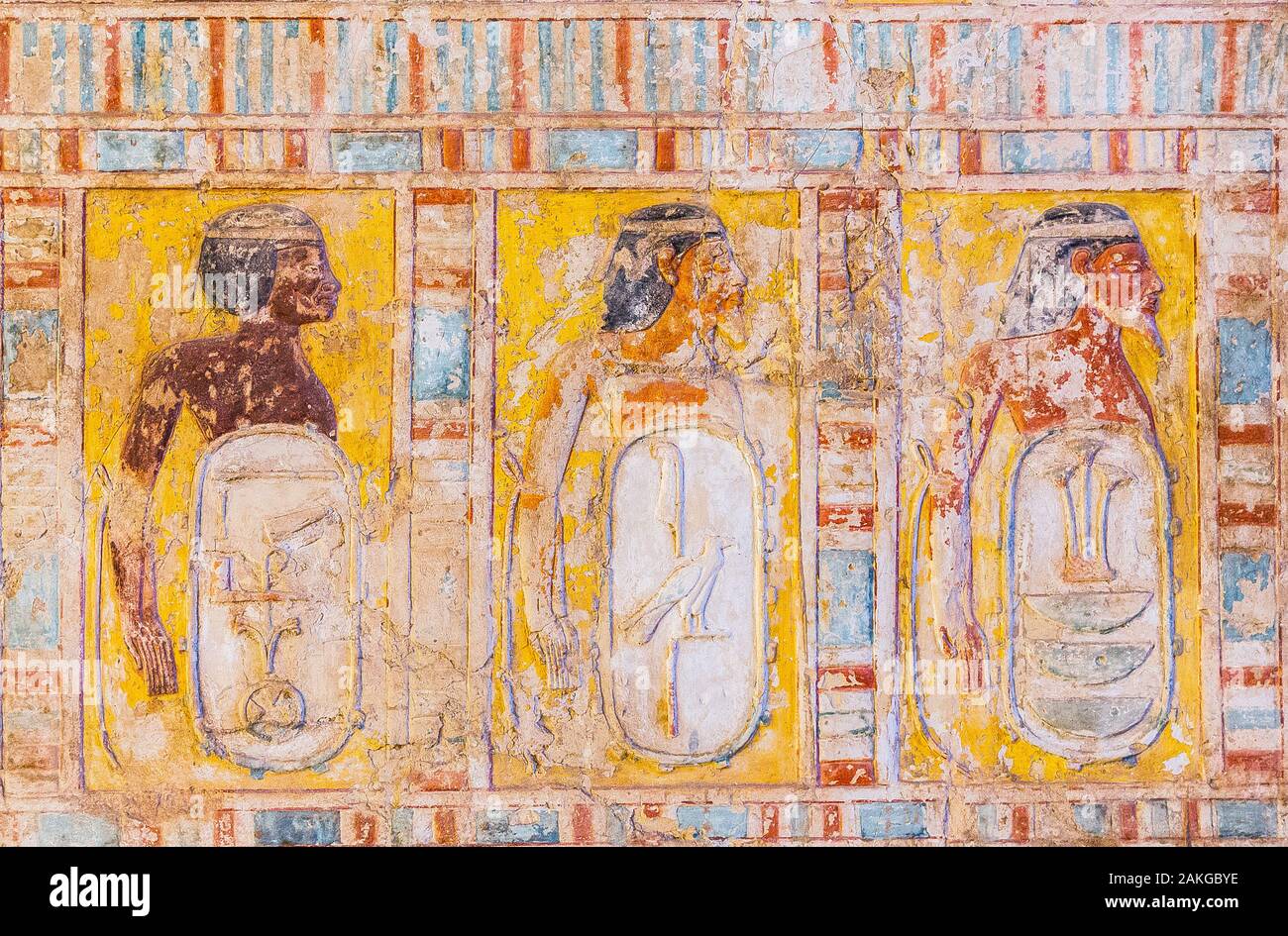 Thebes in Egypt, Assassif (part of the Valley of the Nobles), tomb of Kheruef, West portico, North wing, 3 of the '9 bows', the enemies of Egypt. Stock Photo