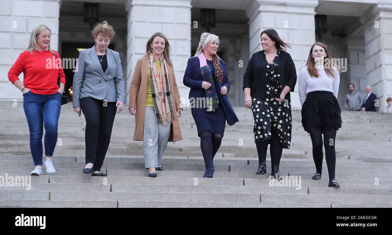 Sinn Fein's Caral Ni Chuilin (second left), Sinad Ennis (far left), deputy leader Michelle O'Neill and Caoimhe Archibald (far right) alongside the party's two new co-opted Members of the Legislative Assembly (MLA) Liz Kimmins (third from left) and Deirdre Hargey (second Right) outside the Stormont Parliament buildings in Belfast, as the deadline approaches for the resumption of a power sharing assembly in Northern Ireland. Stock Photo